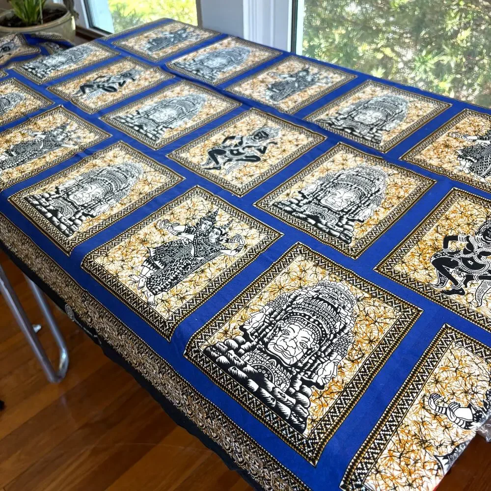 Vintage Suraj Mukhi Fabric Remnant Blue Hindu Motif Cotton Textile